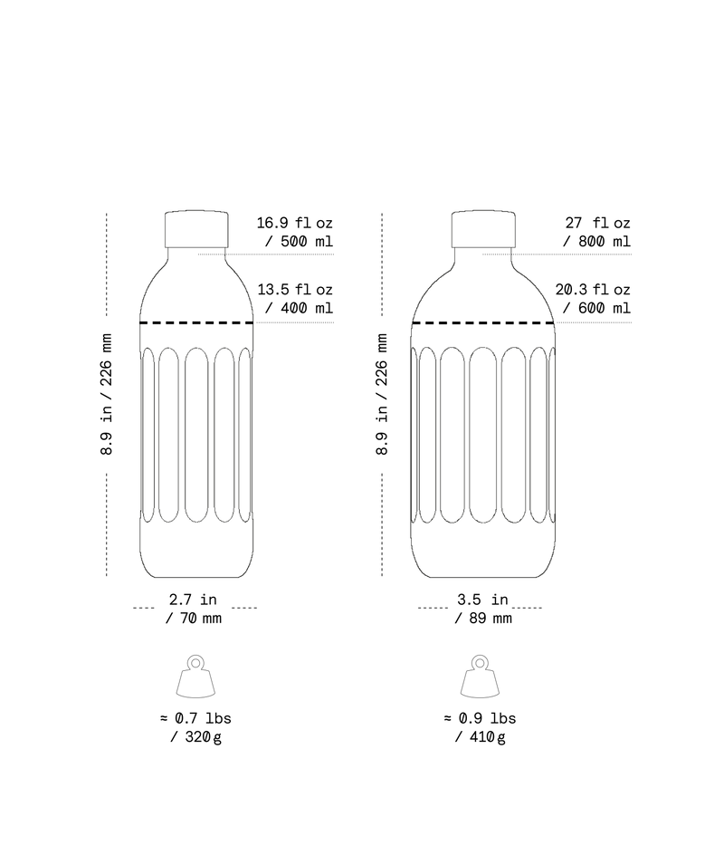 Technical drawing of two water bottles with measurements and weights.