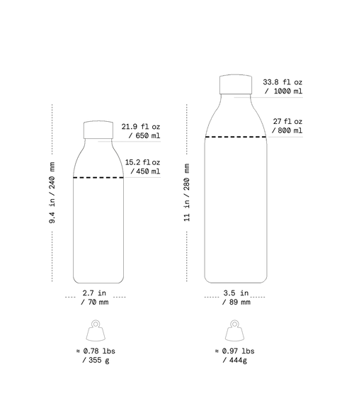 Technical drawing of a bottle with dimensions and weight details on a white background