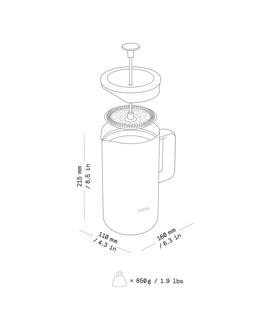 Illustration of the Aarke French Press with dimensions and weight.