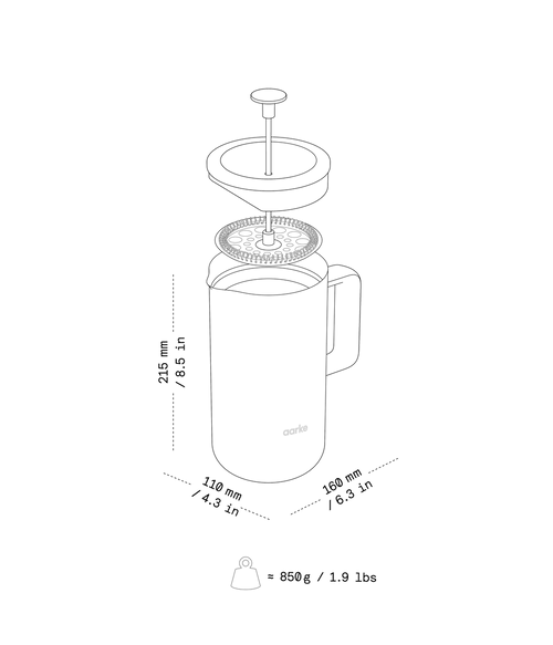 Illustration of the Aarke French Press with dimensions and weight.