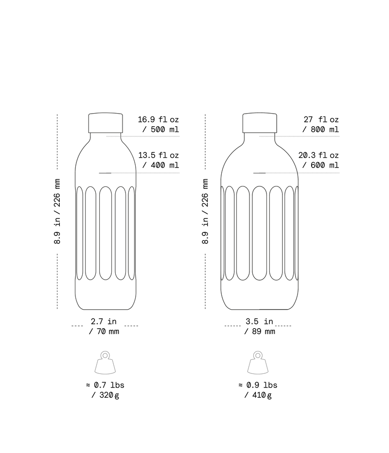 Illustration of Aarke To-Go water bottles for Carbonator Pro with dimensions and capacity details.