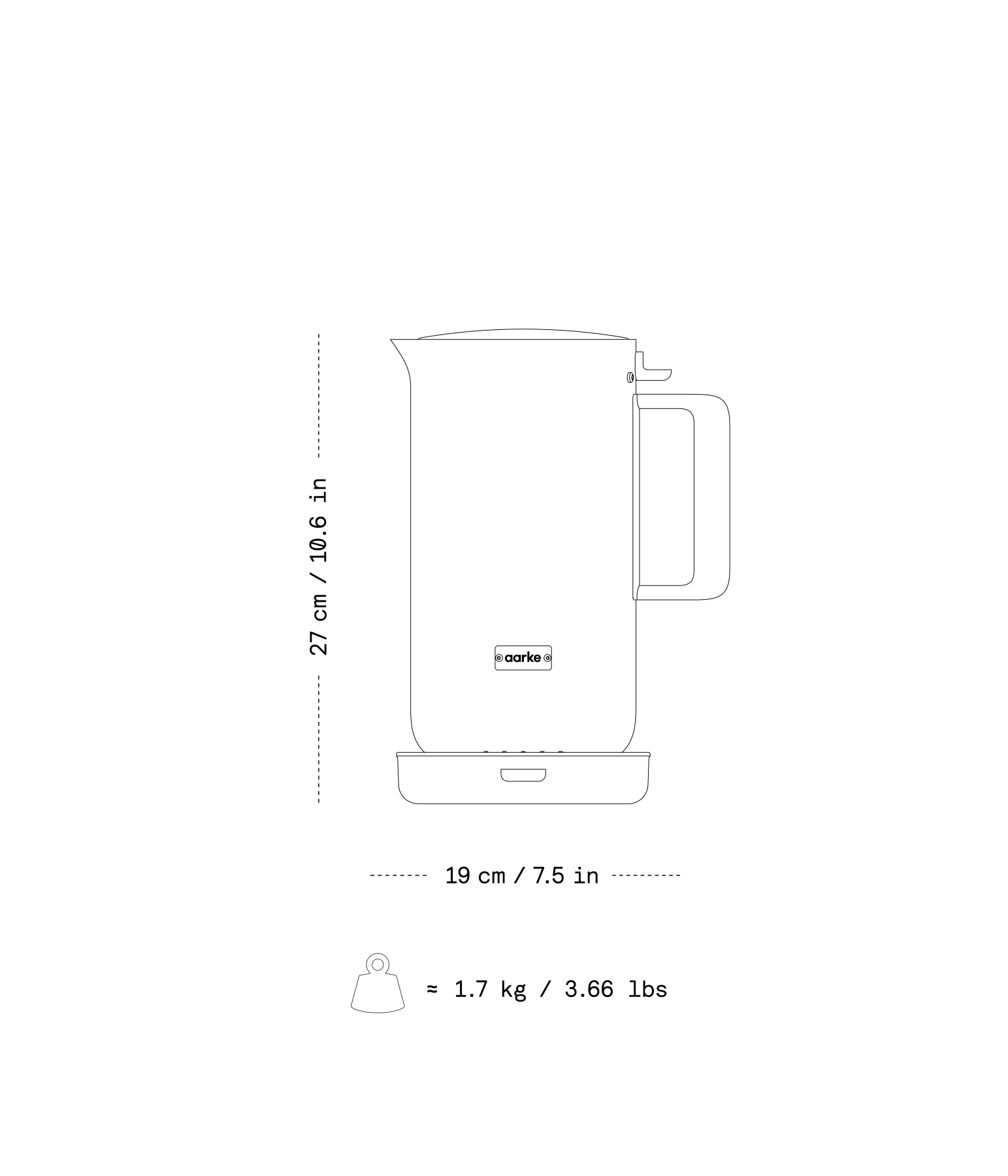 Illustration of the Aarke Kettle with dimensions and weight.