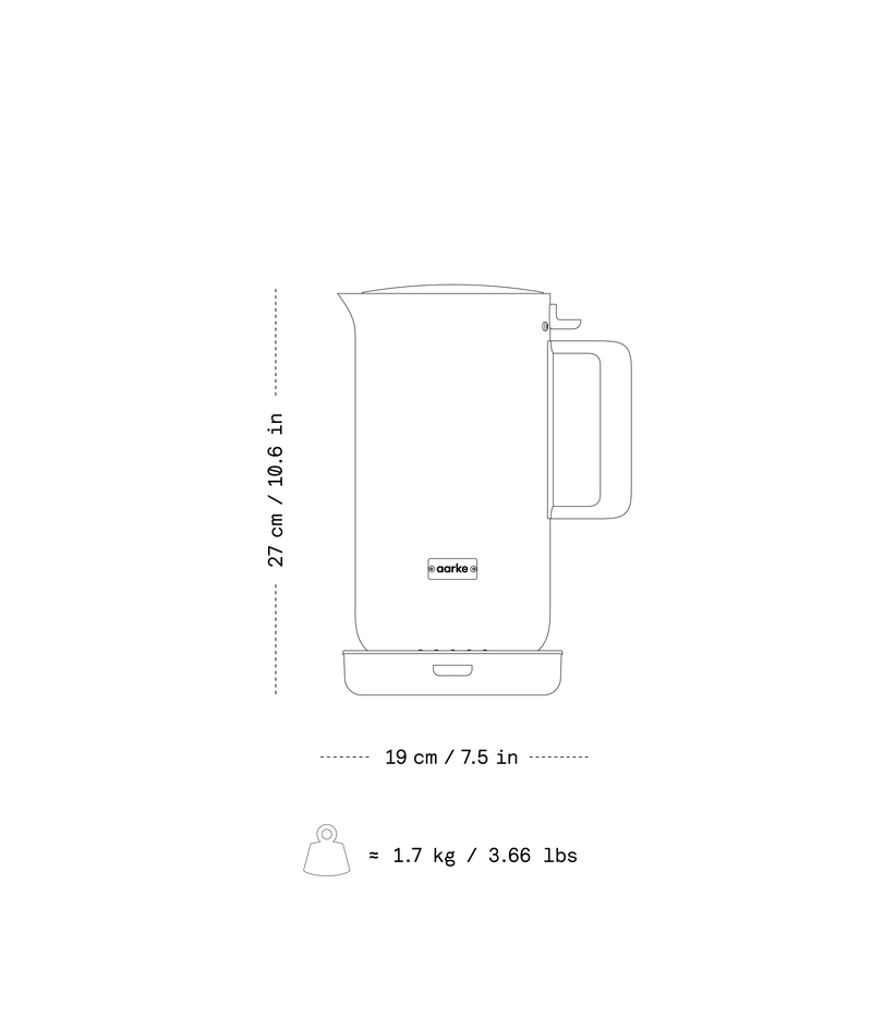 Illustration of the Aarke Kettle with dimensions and weight.
