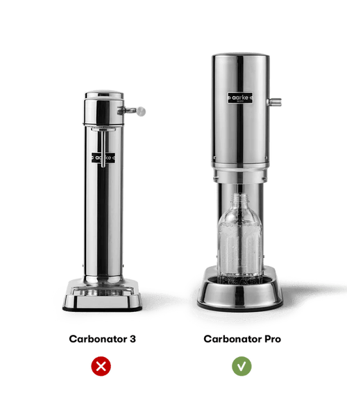 Side-by-side comparison of Aarke Carbonator 3 and Pro, showing bottle fit with red X and green check.