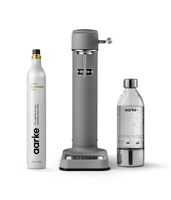 Aarke Matte Grey Carbonator 3 Kit. Pictures Carbonator with PET bottle and 1 CO2 Cylinder.