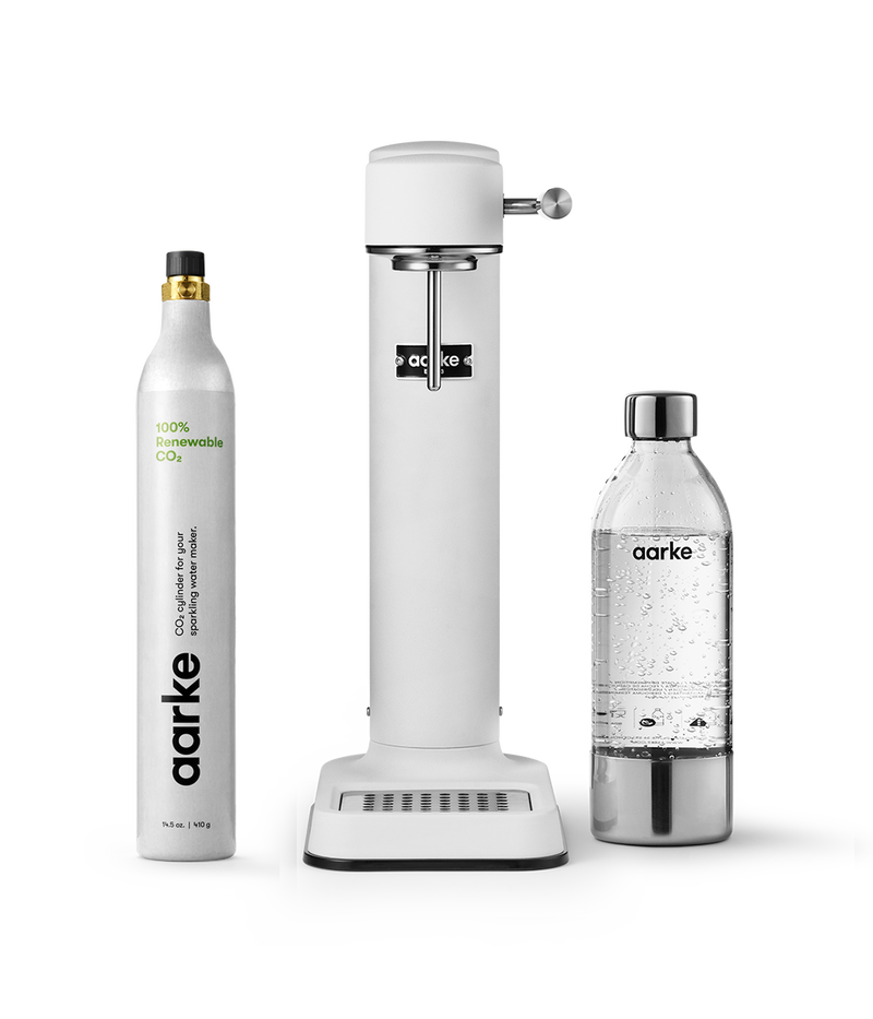 Aarke Matte White Carbonator 3 Kit. Pictures Carbonator with PET bottle and 1 CO2 Cylinder.