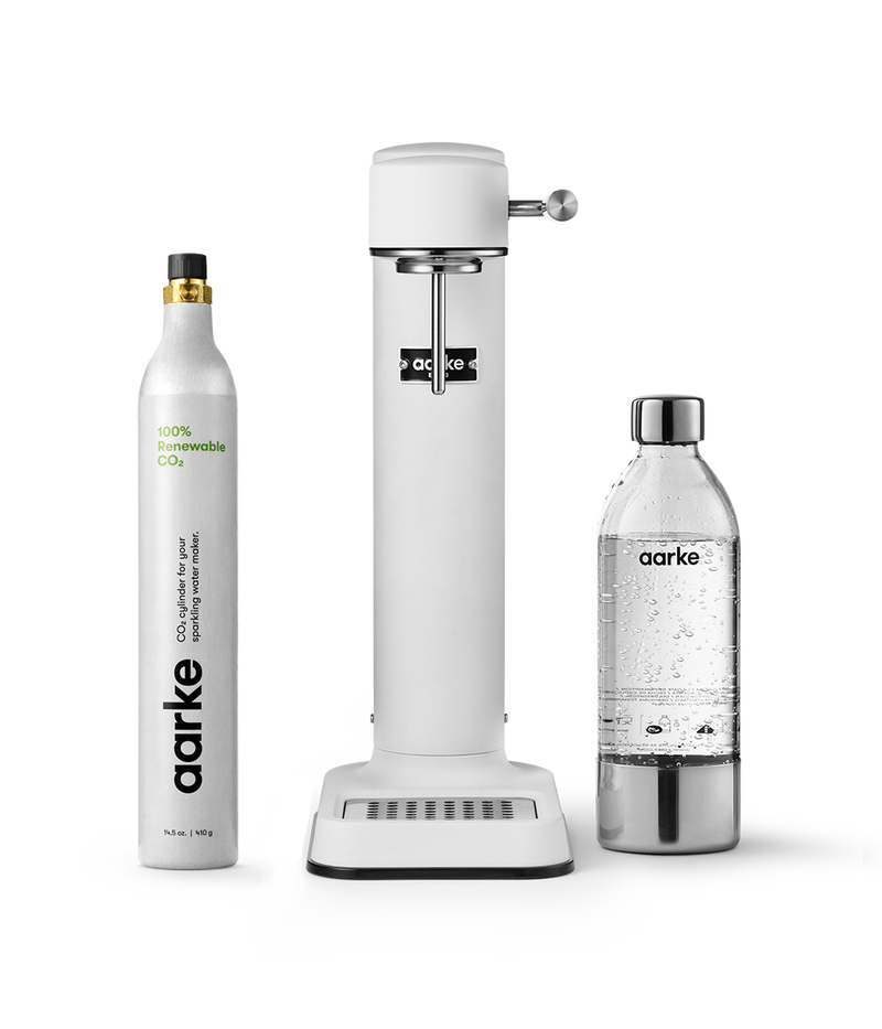 Aarke Matte White Carbonator 3 Kit. Pictures Carbonator with PET bottle and 1 CO2 Cylinder.