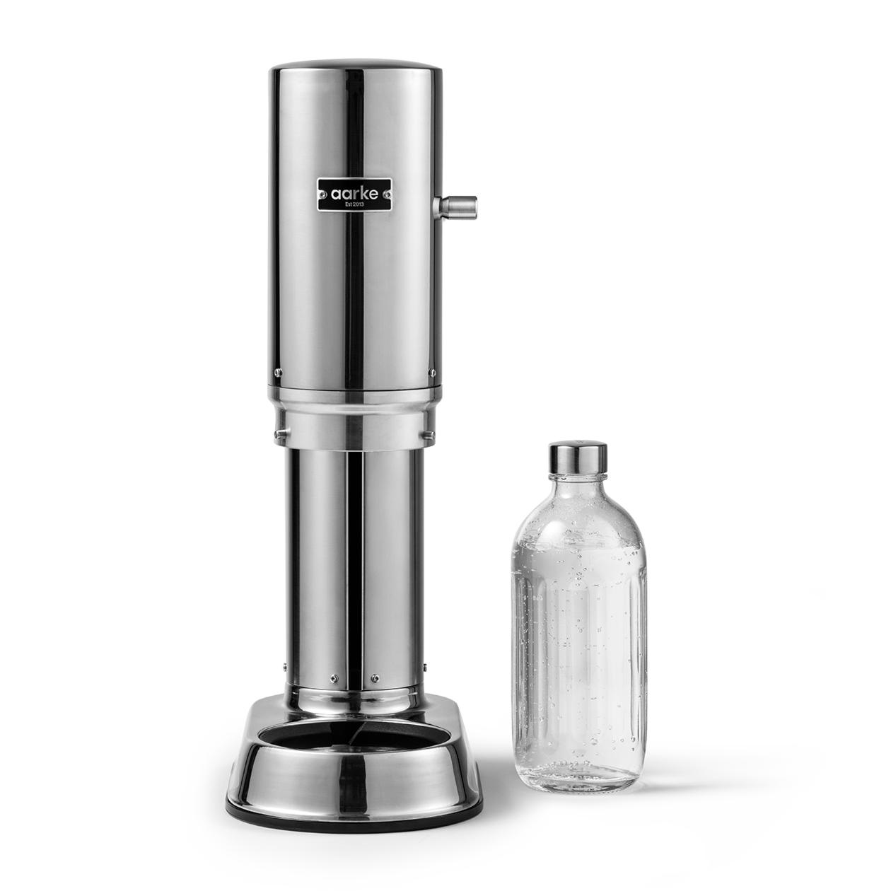 Carbonator Pro in Stainless Steel pictured beside the Glass Bottle for the Carbonator Pro.
