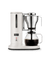 Aarke matte white automatic pour-over coffee maker with stainless steel filter brewing coffee into glass carafe.