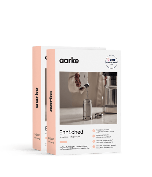 Three Aarke Enriched Filter Granules refill packs for Aarke Water Purifier, for alkaline, magnesium-mineralised water.