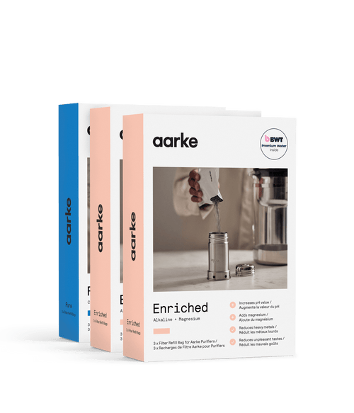 Aarke Enriched and Pure Filter Granules refill packs for Aarke Water Purifier, for alkaline, magnesium-mineralised and softer, cleaner water.