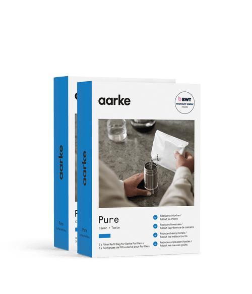 Two Aarke Pure Filter Granules refill packs for Aarke Water Purifier, for softer, cleaner and better-tasting water.