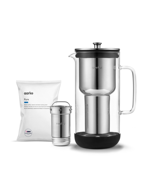 Aarke Water Purifier with Pure Filter Granules refill bag for softer, cleaner and better-tasting water.