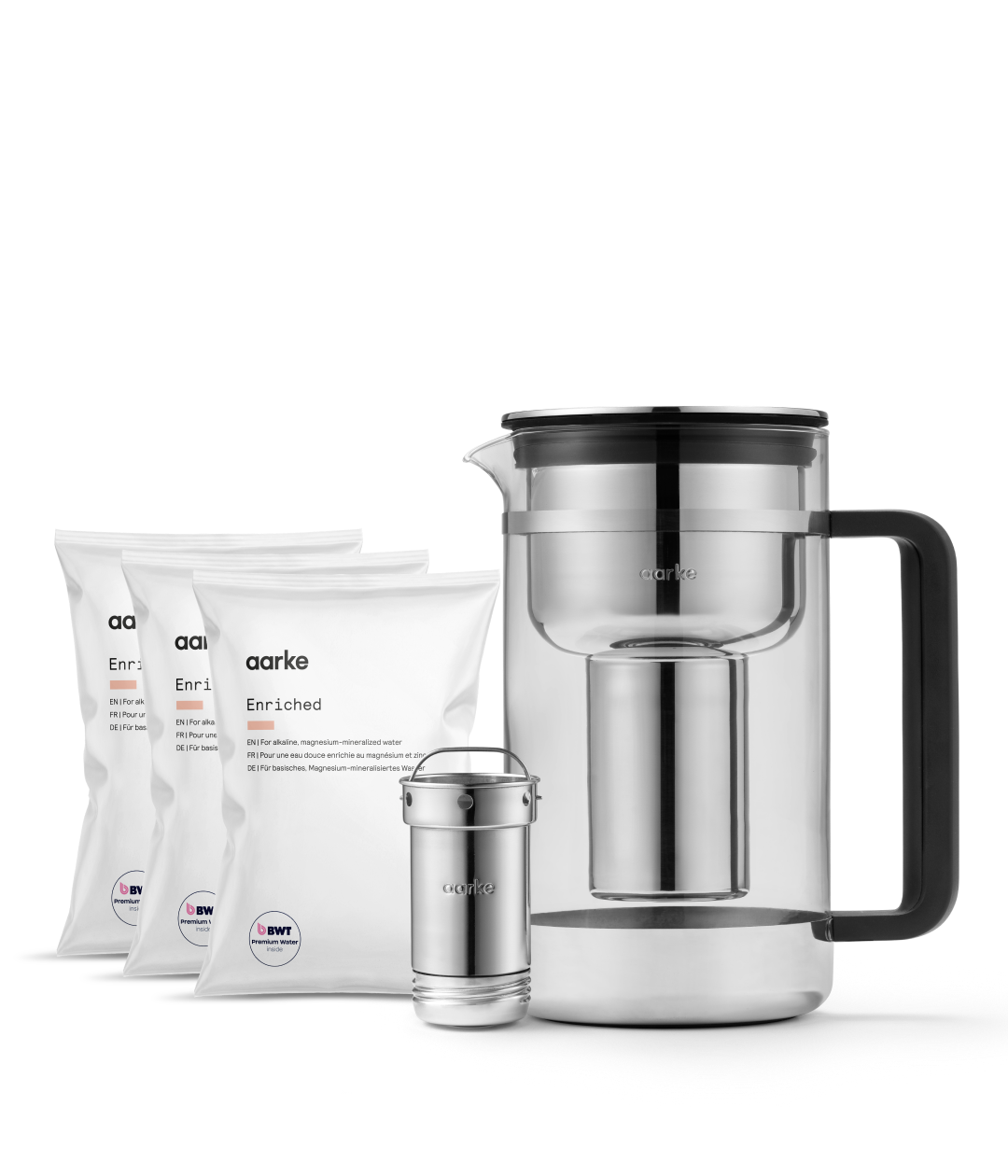 Aarke Water Purifier with three Enriched Filter Granules refill bags for alkaline, magnesium-mineralised water.