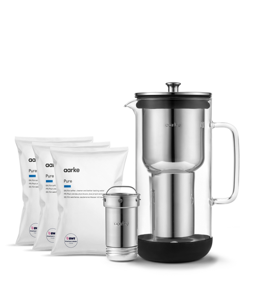 Aarke Water Purifier with three Pure Filter Granules refill bags for softer, cleaner and better-tasting water.