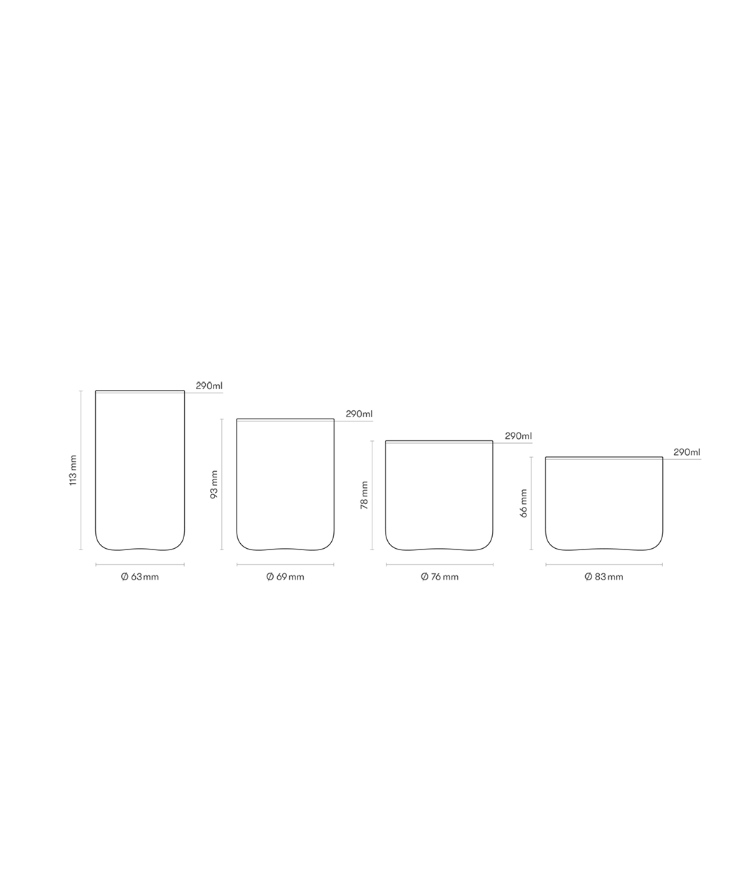 An illustration showing the dimensions for each Aarke Nesting Glass.