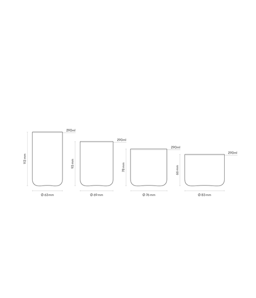 An illustration showing the dimensions for each Aarke Nesting Glass.