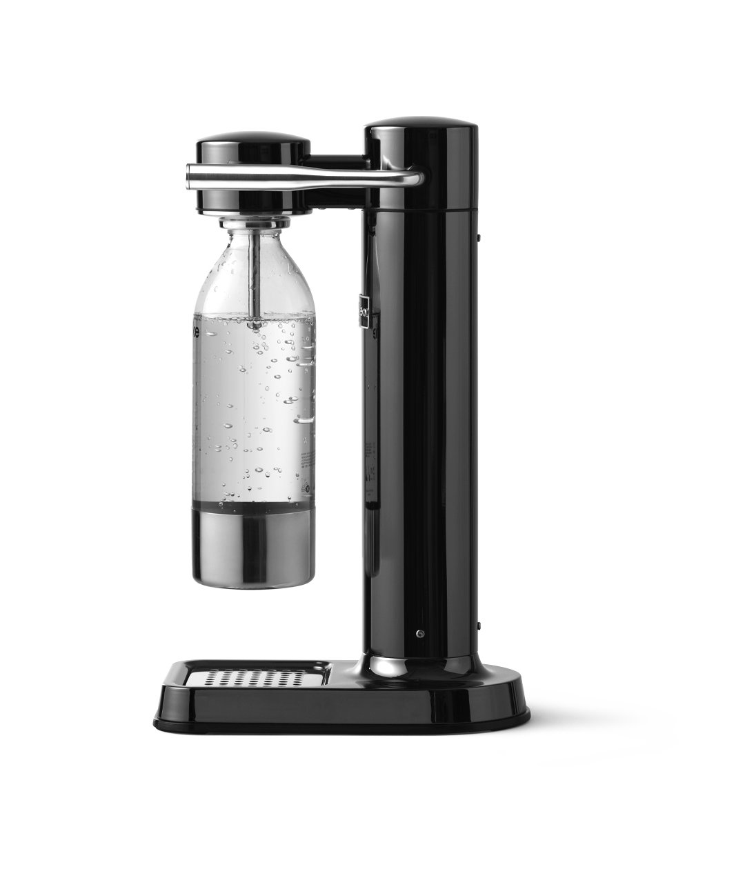 Aarke Carbonator 3 in Black Chrome. Side view with bottle attached.