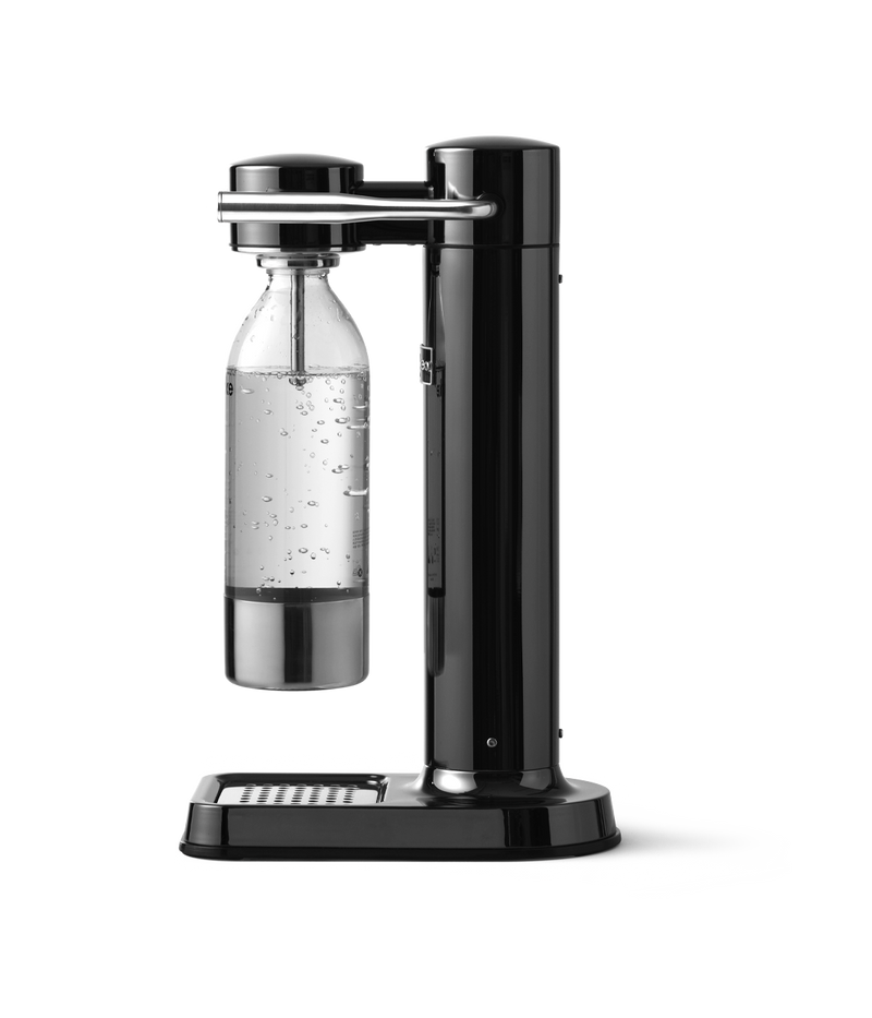 Aarke Carbonator 3 in Black Chrome. Side view with bottle attached.