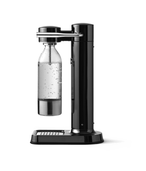 Aarke Carbonator 3 in Black Chrome. Side view with bottle attached.