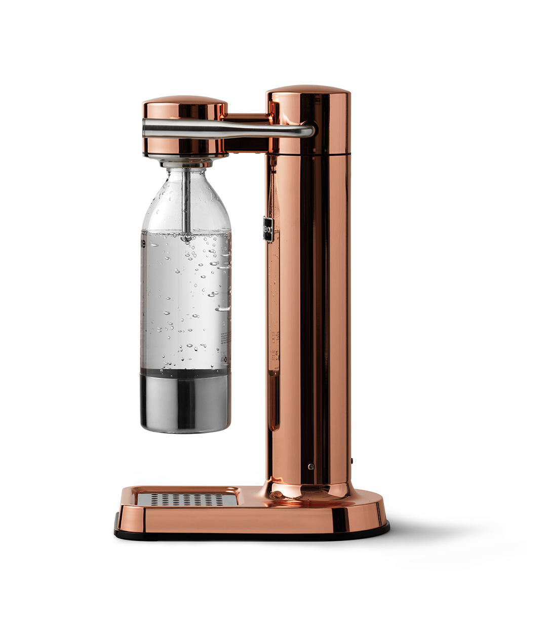 Aarke Carbonator 3 in Copper. Side view with PET bottle attached.
