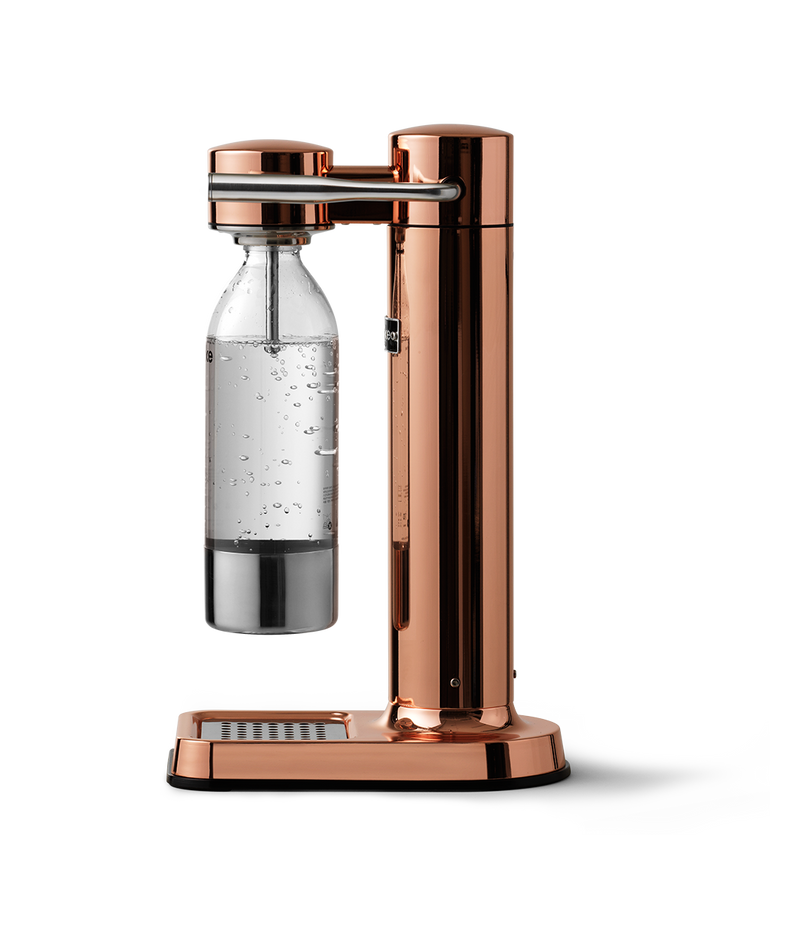 Aarke Carbonator 3 in Copper. Side view with PET bottle attached.