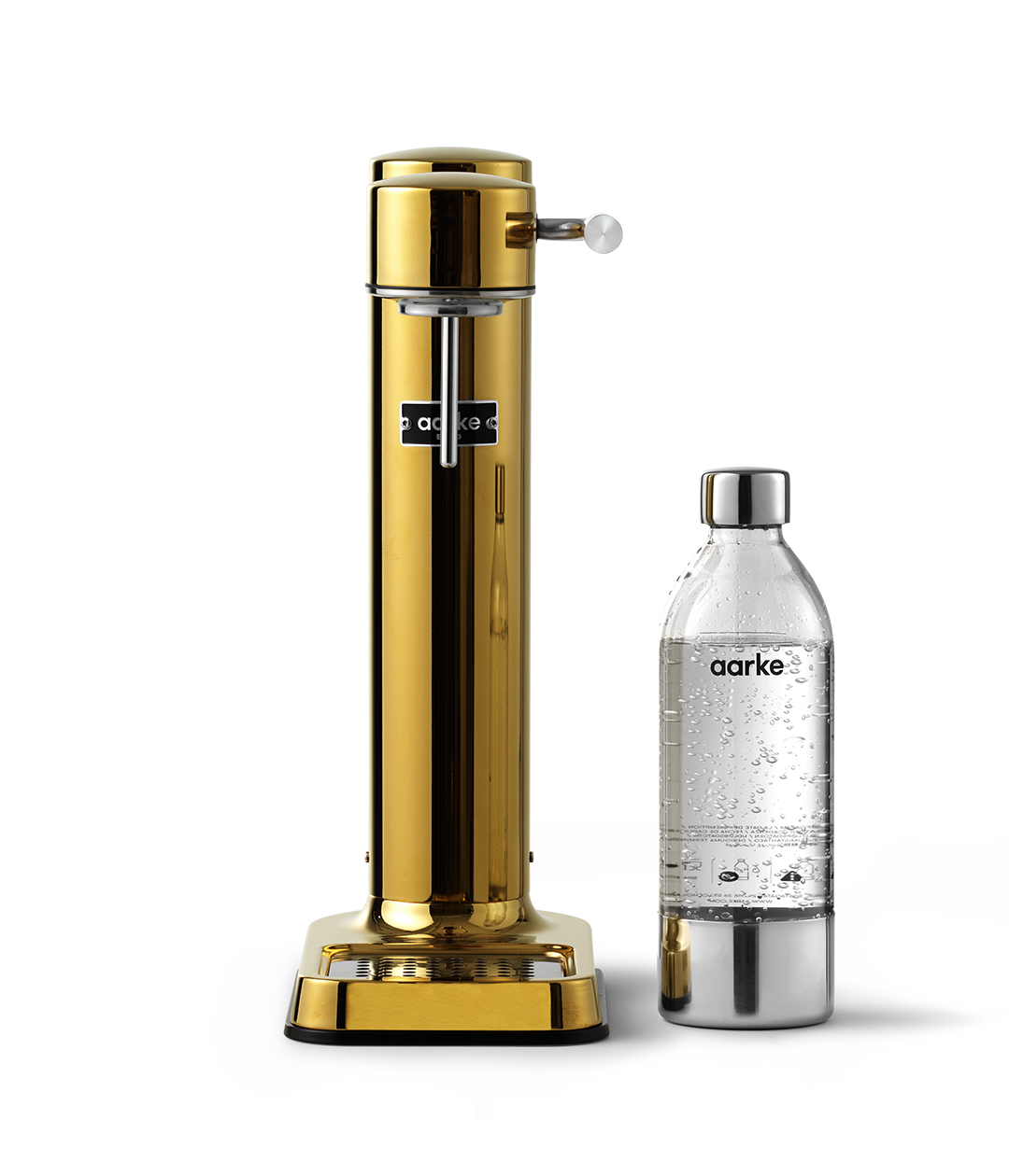 Aarke Carbonator 3 in Gold. Front view with PET bottle.