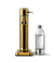 Front view of Aarke Carbonator 3 in Gold with PET bottle next to it.