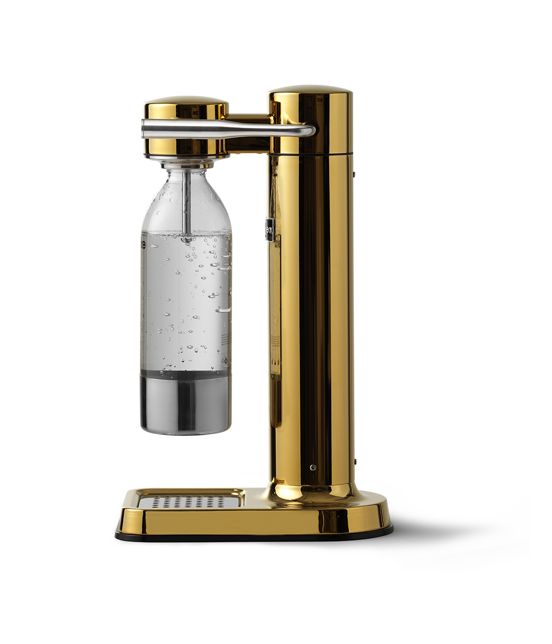 Aarke Carbonator 3 in Gold. Side view with PET bottle attached.