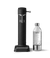 Front view of Aarke Carbonator 3 in Matte Black next to a PET water bottle.
