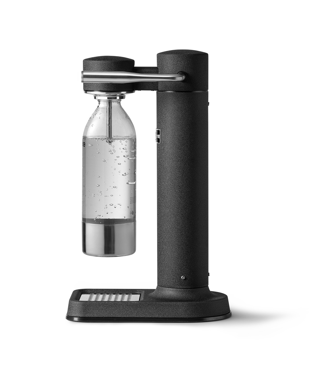 Aarke Carbonator 3 in Matte Black. Side view with PET bottle attached.
