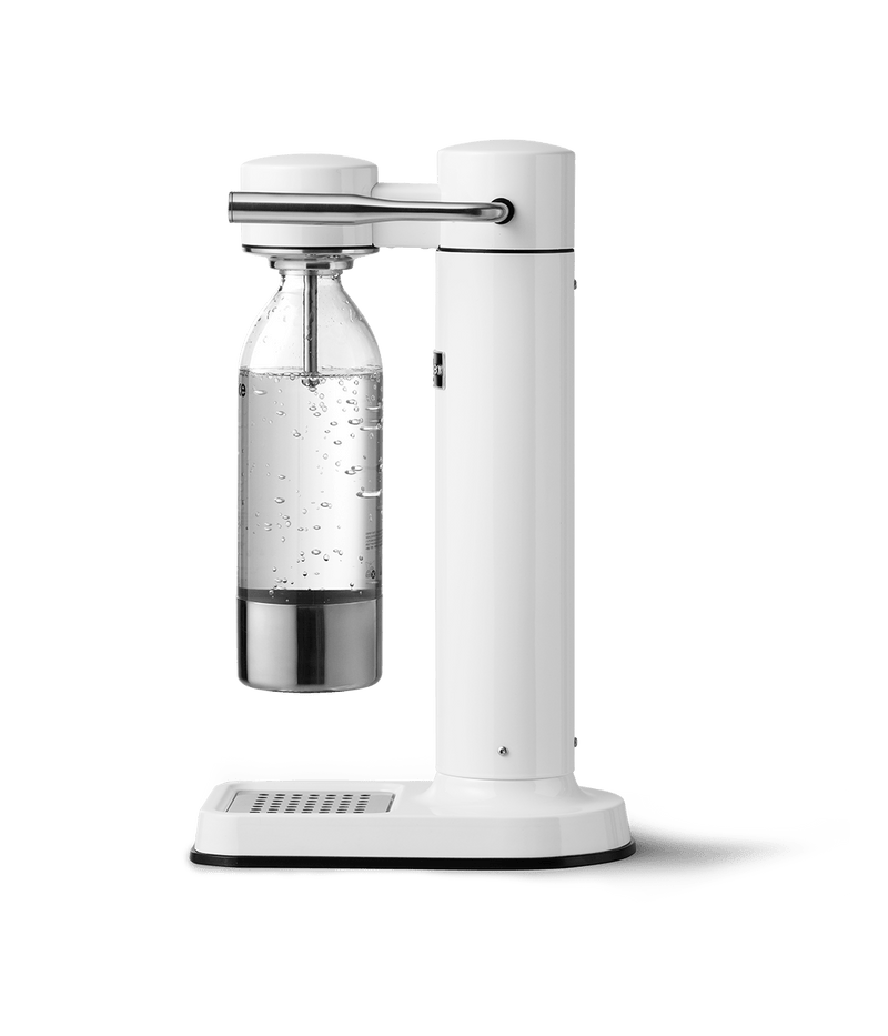 Aarke Carbonator 3 in White with PET bottle attached. Side view.