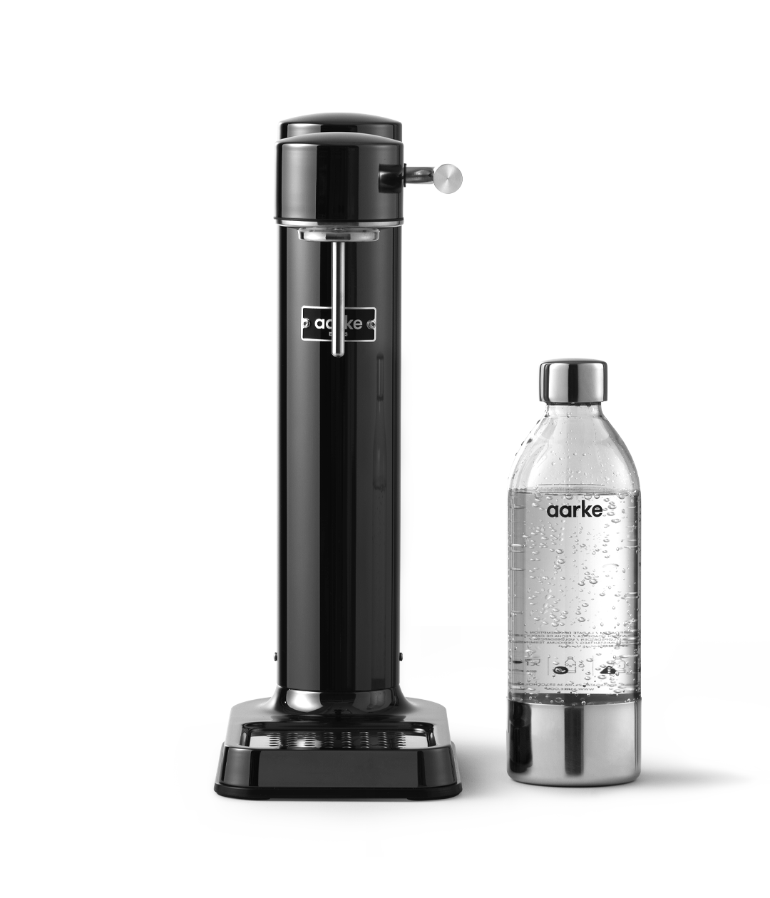 Aarke Carbonator 3 in Black Chrome. Front view with PET bottle.