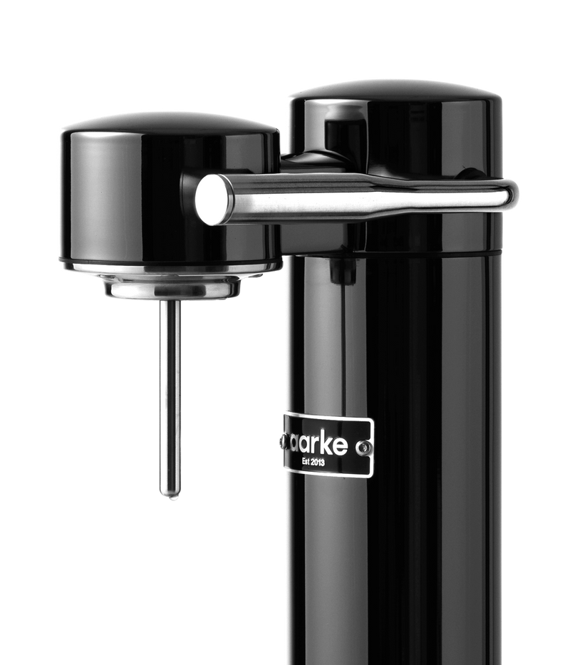 Aarke Carbonator 3 in Black Chrome. Close up of nozzle.