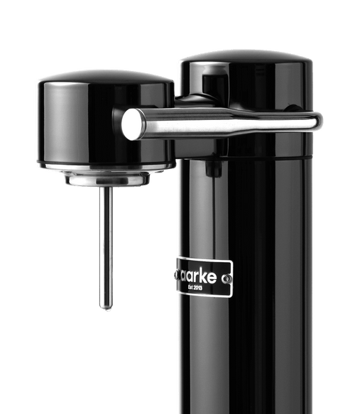 Close-up of the Aarke Carbonator 3 in Black Chrome, highlighting the carbonation lever and nozzle.