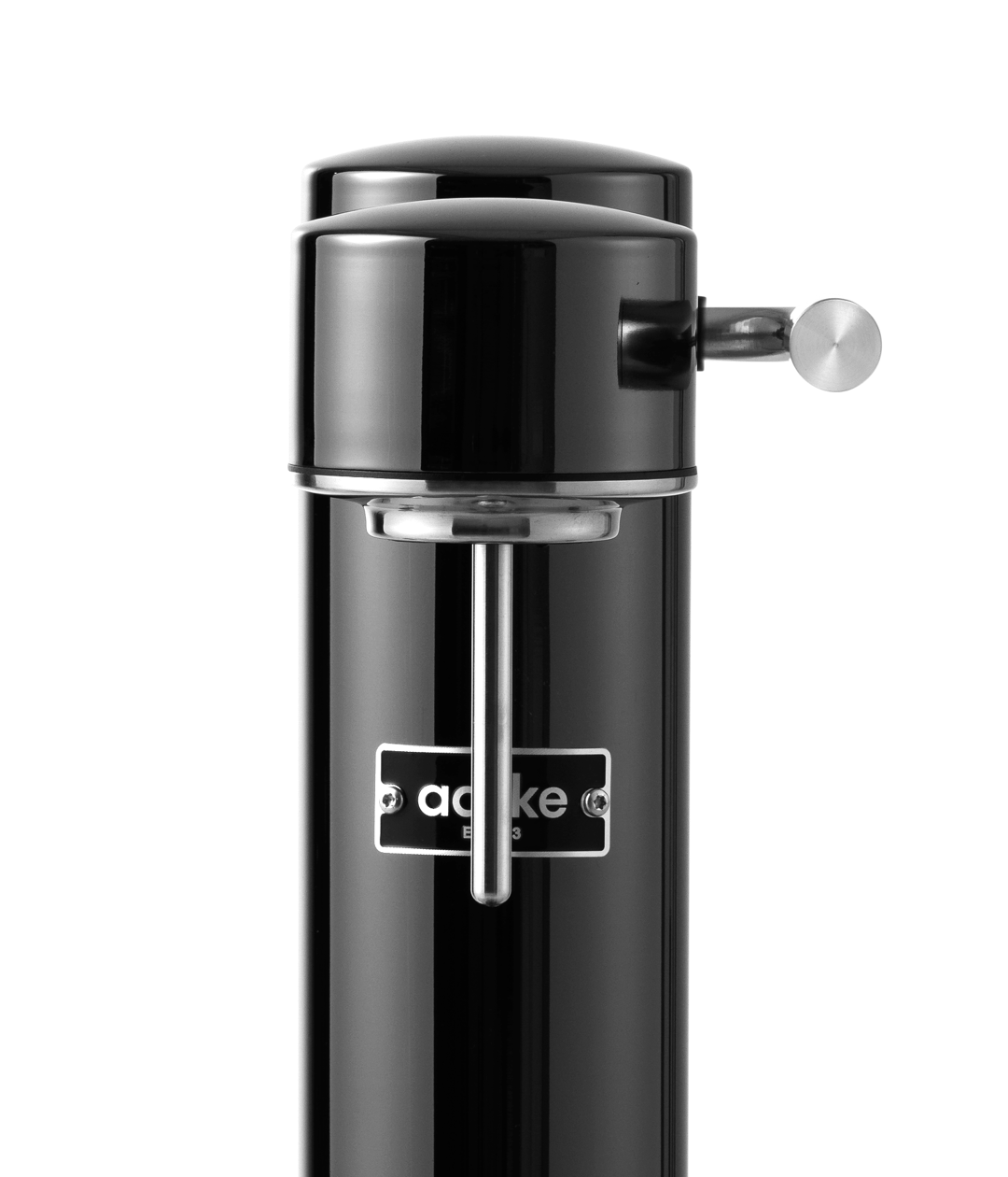 Aarke Carbonator 3 in Black Chrome. Front close up of nozzle.