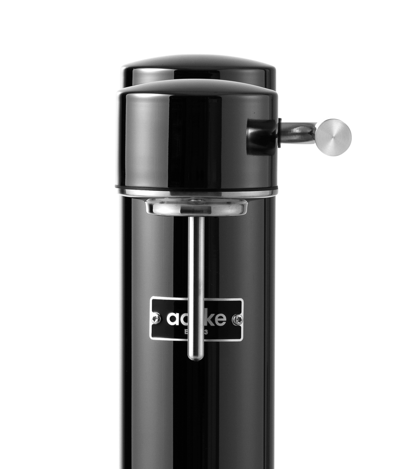 Aarke Carbonator 3 in Black Chrome. Front close up of nozzle.