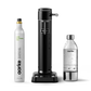 Front view of the Carbonator 3 in White beside a PET water bottle and 1 Aarke CO2 Cylinder.