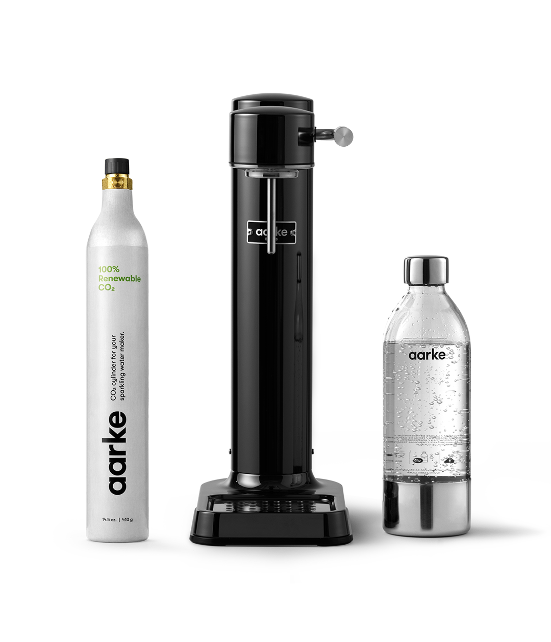 Front view of the Carbonator 3 in White beside a PET water bottle and 1 Aarke CO2 Cylinder.