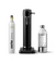 Front view of the Carbonator 3 in White beside a PET water bottle and 1 Aarke CO2 Cylinder.