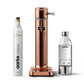 Front view of the Carbonator 3 in Copper beside a PET water bottle and 1 Aarke CO2 Cylinder.