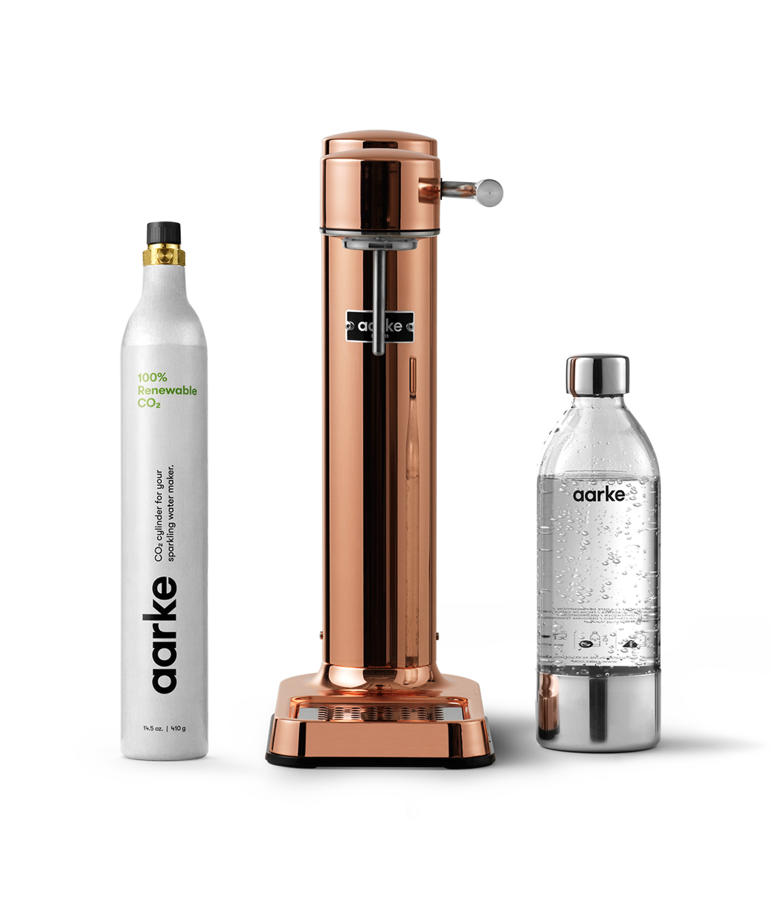 Front view of the Carbonator 3 in Copper beside a PET water bottle and 1 Aarke CO2 Cylinder.