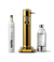 Front view of the Carbonator 3 in Gold beside a PET water bottle and 1 Aarke CO2 Cylinder.