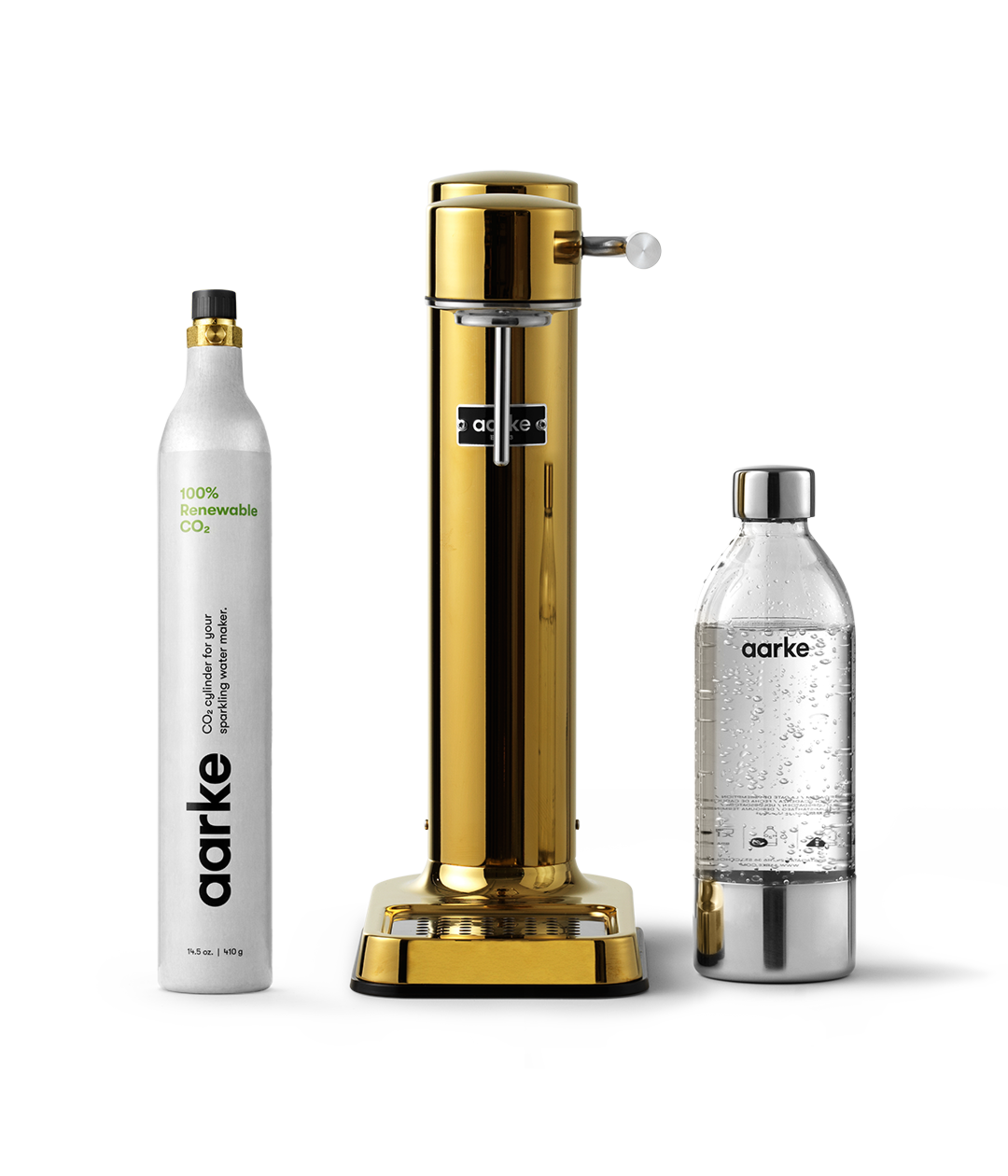 Front view of the Carbonator 3 in Gold beside a PET water bottle and 1 Aarke CO2 Cylinder.