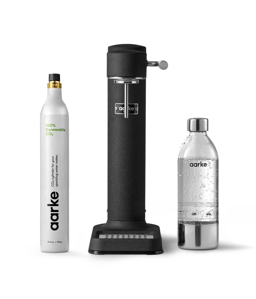 Front view of the Carbonator 3 in Matte Black beside a PET water bottle and 1 Aarke CO2 Cylinder.