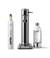 Front view of the Carbonator 3 in Stainless Steel beside a PET water bottle and 1 Aarke CO2 Cylinder.