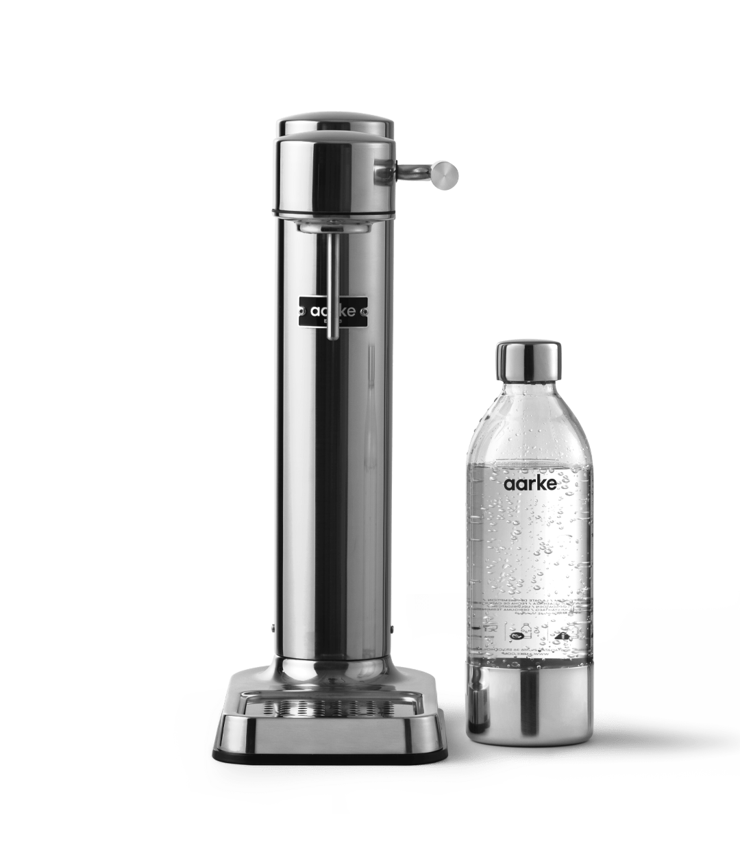 Front view of Aarke Carbonator 3 in Stainless Steel next to a PET water bottle.