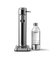 Front view of Aarke Carbonator 3 in Stainless Steel next to a PET water bottle.