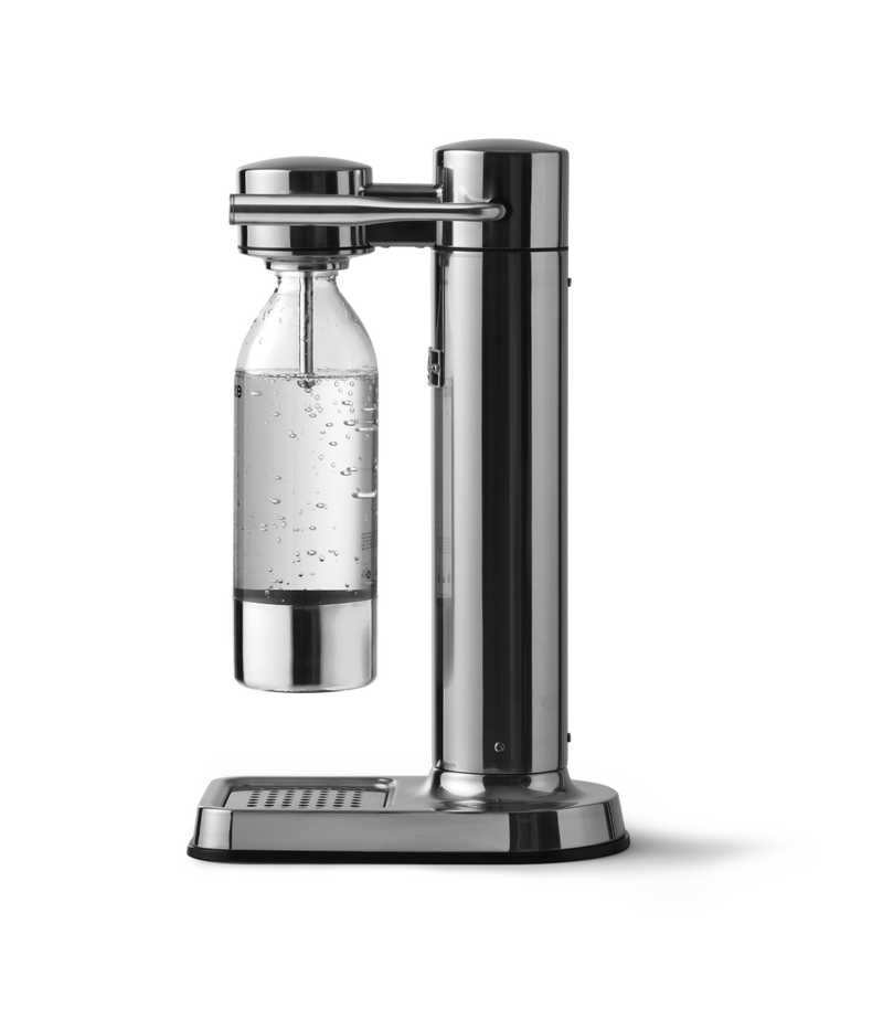 Aarke Carbonator 3 in Stainless Steel. Side view with PET bottle attached.
