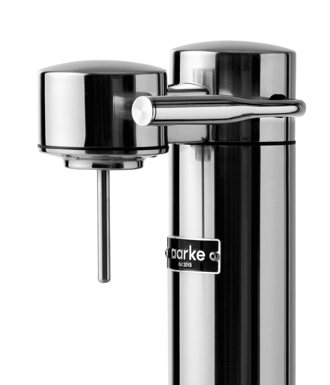 Close-up of the Aarke Carbonator 3 in Steel, highlighting the carbonation lever and nozzle.
